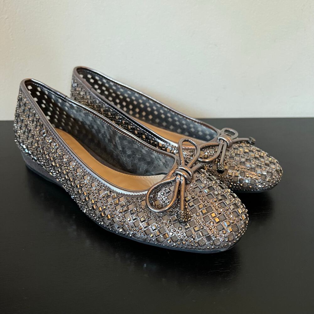 Gunmetal Rhinestone Embellished Metallic Gray Bow Perforated Ballet Flats 7M